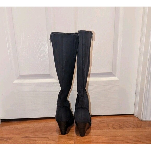 Fergalicious Womens Size 9 by Fergie Ornate Wedge Navy Blue Knee High Boots - Picture 4 of 6